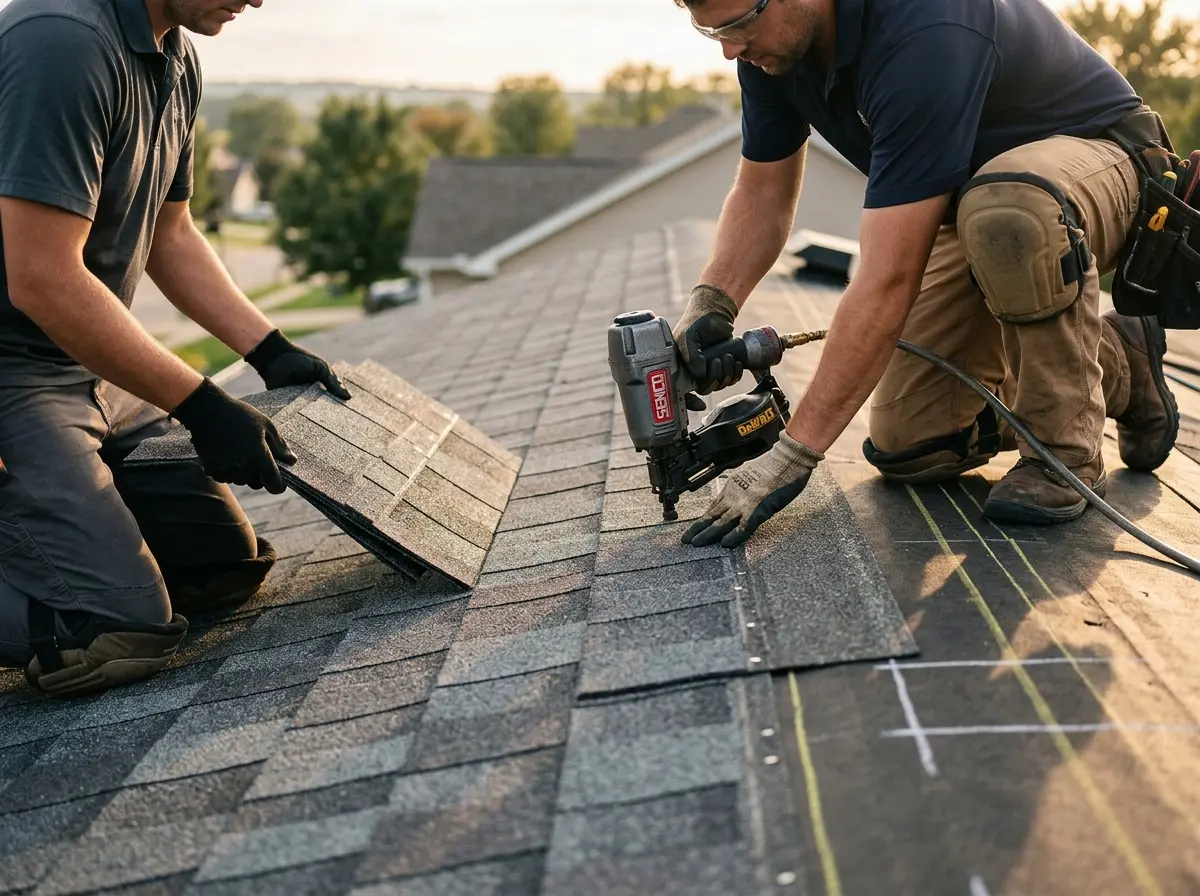 Professional roofer working on a residential roof in Hurricane